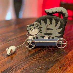 Cat Rustic Folk Art Worn looking wood painted kitty & mouse on wheels decor